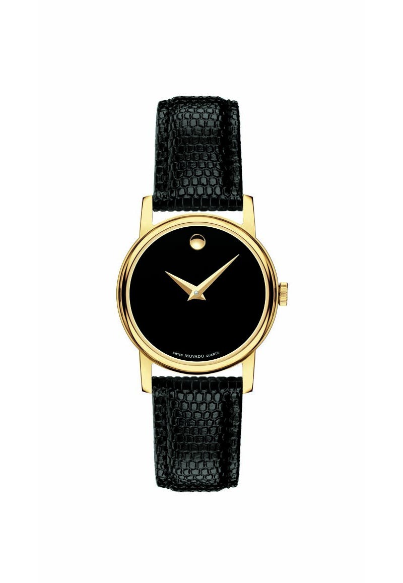 Ladies Museum Classic Gold & Black Textured Leather Strap Watch Black Dial
