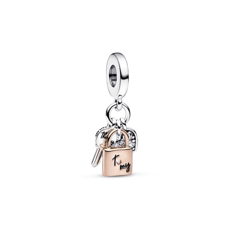 Two-tone Key Padlock & Heart Triple Dangle Charm Black